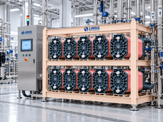 A Eletrodeionização Linsul (EDI) é uma tecnologia de polimento de água utilizada para a produção contínua de água de elevada pureza. O sistema combina membranas seletivas, resinas de troca iônica e corrente elétrica para reduzir continuamente os íons dissolvidos presentes na água.