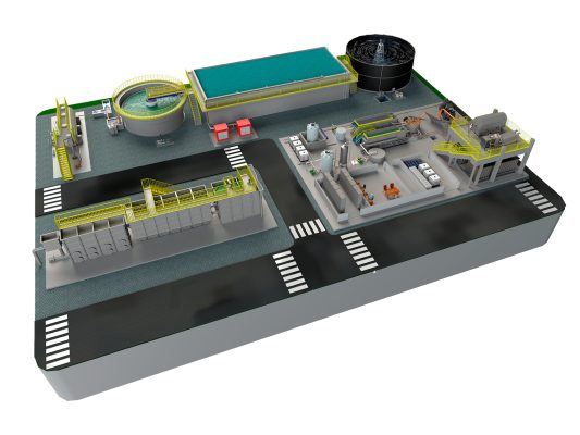 "Render 3D de uma Estação de Tratamento de Efluentes completa, com tanques, tubulações, flotador, peneiras e unidade de desidratação, representando todas as etapas do processo de tratamento em um sistema integrado.