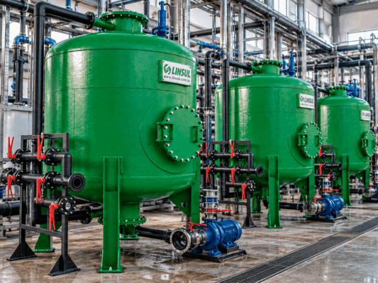 O Filtro Pressurizado opera fazendo com que a água atravesse, sob pressão, uma ou mais camadas de materiais filtrantes selecionados conforme os contaminantes que precisam ser removidos e a qualidade de água desejada.