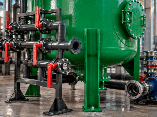 O Filtro Pressurizado opera fazendo com que a água atravesse, sob pressão, uma ou mais camadas de materiais filtrantes selecionados conforme os contaminantes que precisam ser removidos e a qualidade de água desejada.