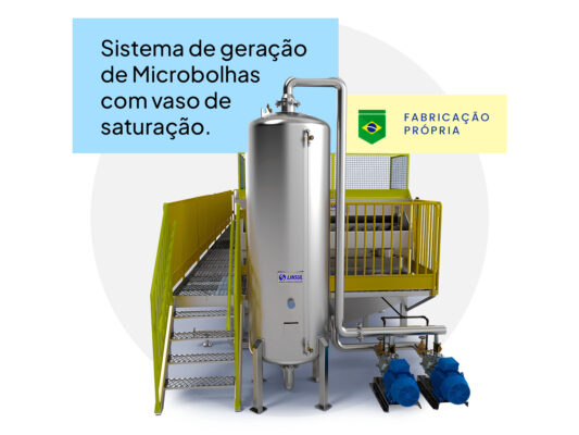 Flotodecantador Linsul para separação de três fases: sedimentação de sólidos pesados, flotação de materiais leves e clarificação de efluentes industriais.